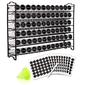 swommoly spice rack organizer with 72 empty square spice jars, 340 spice labels with chalk marker and funnel complete set,for countertop,cabinet or wall mount, black