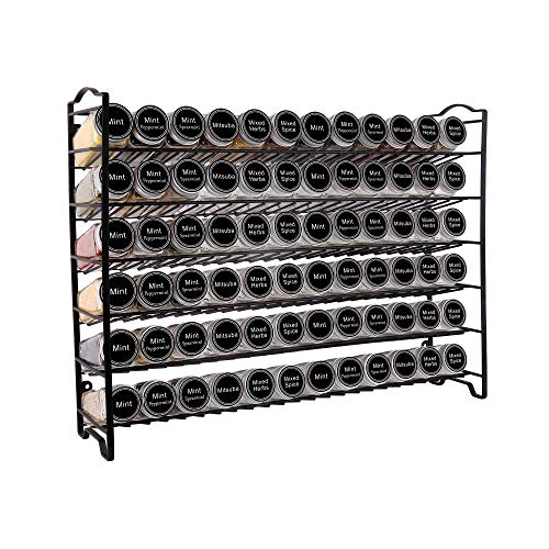 SWOMMOLY Spice Rack Organizer with 72 Empty Square Spice Jars, 340 Spice Labels with Chalk Marker and Funnel Complete Set,for Countertop,Cabinet or Wall Mount, Black
