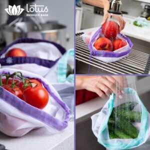 Lotus Produce Bags | 9 Count | 3 Sizes & 3 Colors | Machine Washable, Reusable, Multipurpose, Lightweight Mesh Grocery Bags | Fruits, Vegetables, Nuts, Grains | Eco-friendly Netted Reusable Mesh Bag