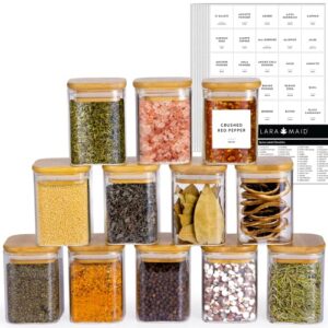 laramaid 7oz 12packs glass jars set with 208 minimalist spice labels, square spice jars with bamboo lids and white vinyl customized sticker labels, food storage container canisters