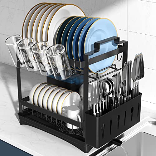 Squish Dish Drying Rack, 2-Tier Rustproof Dish Rack with Drainboard, Large Dish Drainer for Kitchen Counter with Utensil Holder, Cutlery Holder, Cup Holder, Cutting Board Holder