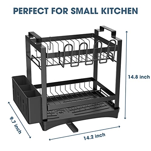 Squish Dish Drying Rack, 2-Tier Rustproof Dish Rack with Drainboard, Large Dish Drainer for Kitchen Counter with Utensil Holder, Cutlery Holder, Cup Holder, Cutting Board Holder