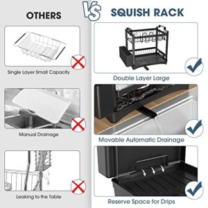 Squish Dish Drying Rack, 2-Tier Rustproof Dish Rack with Drainboard, Large Dish Drainer for Kitchen Counter with Utensil Holder, Cutlery Holder, Cup Holder, Cutting Board Holder