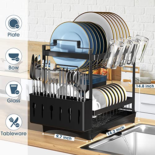 Squish Dish Drying Rack, 2-Tier Rustproof Dish Rack with Drainboard, Large Dish Drainer for Kitchen Counter with Utensil Holder, Cutlery Holder, Cup Holder, Cutting Board Holder