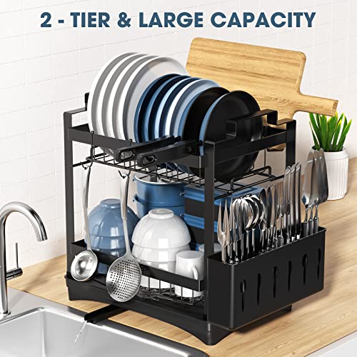 Squish Dish Drying Rack, 2-Tier Rustproof Dish Rack with Drainboard, Large Dish Drainer for Kitchen Counter with Utensil Holder, Cutlery Holder, Cup Holder, Cutting Board Holder