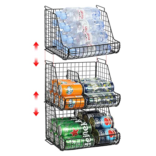 Stacking Can Dispensers 3 Tier with 3 Divider, Pantry Can Organizer, Standing Water Bottle Holder, Beverage Drink Pop Soda Can Storage Basket, Canned Food Container Rack Wire Bins for Kitchen Cabinet