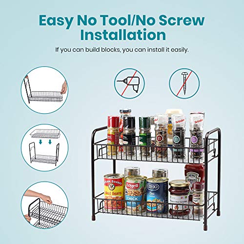 Spice Rack Organizer for Countertop 2 Tier Counter Shelf Standing Holder Storage for Kitchen Cabinet-Bronze