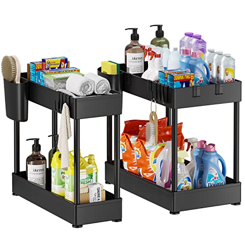 Fixwal 2pcs Under Sink Organizers and Storage, 2 Tier Under Bathroom Cabinet Storage with 8 Hooks and 2 Baskets, Multi-purpose Under Sink Shelf Organizer for Home Kitchen Bathroom (Black)