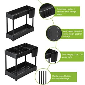 Fixwal 2pcs Under Sink Organizers and Storage, 2 Tier Under Bathroom Cabinet Storage with 8 Hooks and 2 Baskets, Multi-purpose Under Sink Shelf Organizer for Home Kitchen Bathroom (Black)