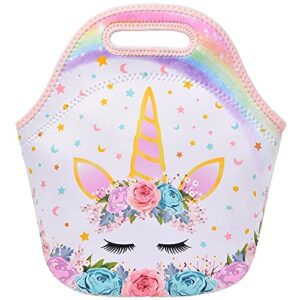 unicorn lunch bag – neoprene insulated lunch box for girls school picnic shopping lunch handbag waterproof reusable lunch tote bag gourmet tote with zipper
