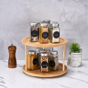 Bamboo Turntable Lazy Susan Rotating Spice Rack - 2 Tier Rotating Spice Rack, Lazy Susan Rotating for Kitchen, Spice Carousel for Cabinets and Pantry - Wooden 2 Tier Lazy Susan Rotating Turntable