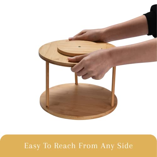 Bamboo Turntable Lazy Susan Rotating Spice Rack - 2 Tier Rotating Spice Rack, Lazy Susan Rotating for Kitchen, Spice Carousel for Cabinets and Pantry - Wooden 2 Tier Lazy Susan Rotating Turntable