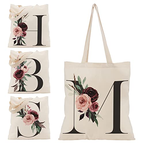 Floral Canvas Bags Gifts for Bridesmaid - Initial Tote Wedding Bag for Bridal Shower - Engagement Shoulder Totes Bags for Women - Bachelorette Party Gift for Girl - 15"x16" Large Bag C2 (Initial #M)