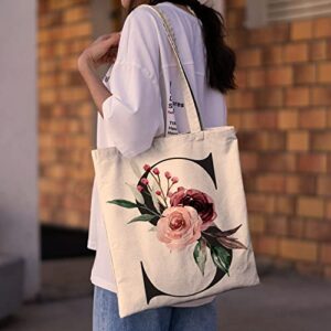 Floral Canvas Bags Gifts for Bridesmaid - Initial Tote Wedding Bag for Bridal Shower - Engagement Shoulder Totes Bags for Women - Bachelorette Party Gift for Girl - 15"x16" Large Bag C2 (Initial #M)