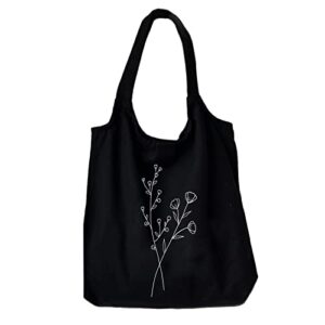 kiekiecoo canvas tote bag black aesthetic personalized custom reusable grocery bags floral line art shopping shoulder bag