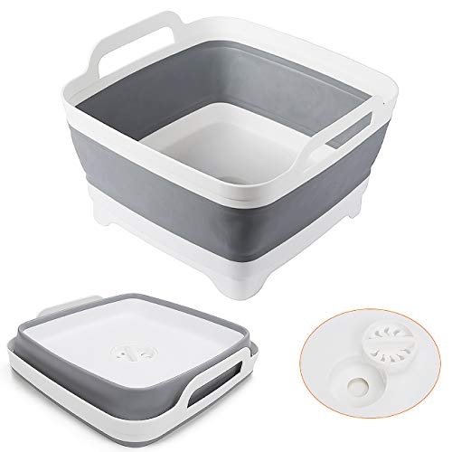 Yummy Sam Collapsible Dish Basin 9L(2.4Gallon) with Draining Plug Foldable Food Strainers Over The Sink Colander Fruits Drainer Basket Vegetable Space Saving Kitchen Storage Basket (Light Grey)