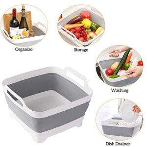 Yummy Sam Collapsible Dish Basin 9L(2.4Gallon) with Draining Plug Foldable Food Strainers Over The Sink Colander Fruits Drainer Basket Vegetable Space Saving Kitchen Storage Basket (Light Grey)