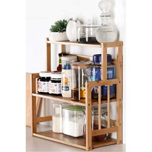 bamboo spice rack storage shelves-3 tier standing pantry shelf for kitchen counter storage,bathroom countertop storage organizer desk bookshelf with adjustable shelf cabinet