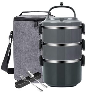 thermal lunch box,yfbxg 3 tier stainless steel insulated bento lunch container with lunch bag & utensils (gray, 3 tier)