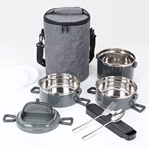 Thermal Lunch Box,YFBXG 3 Tier Stainless Steel Insulated Bento Lunch Container With Lunch Bag & Utensils (Gray, 3 Tier)