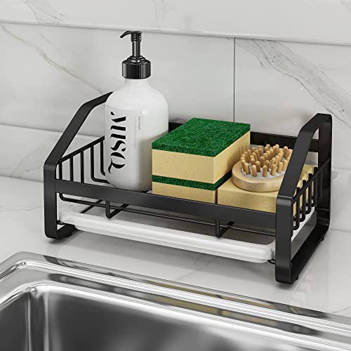 BSKSSK Sink Caddy, Sponge Holder for Kitchen Sink, Kitchen Bathroom Sink Organizer, 304 Stainless Steel Kitchen Countertop Organizer Soap Tray with Removable Drain Tray-Black