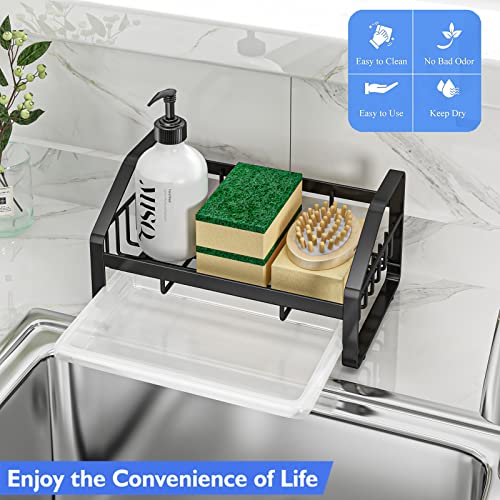 BSKSSK Sink Caddy, Sponge Holder for Kitchen Sink, Kitchen Bathroom Sink Organizer, 304 Stainless Steel Kitchen Countertop Organizer Soap Tray with Removable Drain Tray-Black