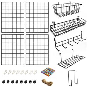 4 pack wire wall grid panel with accessories | includes hanging wall baskets, letter sorter, shelf & hook rack | grid wall panels | photo grid | hanging home, office & kitchen décor | photo wall
