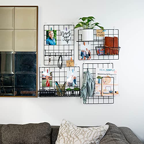 4 Pack Wire Wall Grid Panel with Accessories | Includes Hanging Wall Baskets, Letter Sorter, Shelf & Hook Rack | Grid Wall Panels | Photo Grid | Hanging Home, Office & Kitchen Décor | Photo Wall