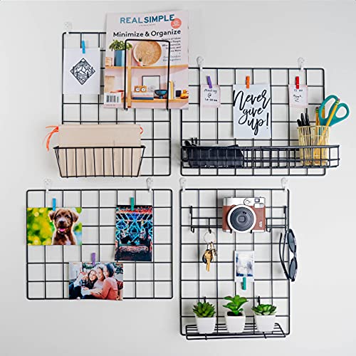 4 Pack Wire Wall Grid Panel with Accessories | Includes Hanging Wall Baskets, Letter Sorter, Shelf & Hook Rack | Grid Wall Panels | Photo Grid | Hanging Home, Office & Kitchen Décor | Photo Wall