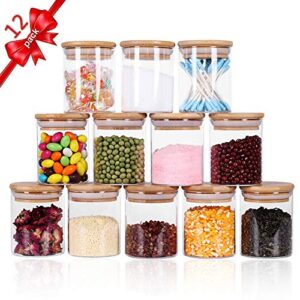 tzerotone glass jars set,upgrade spice jars with wood airtight lids and labels, 6oz 12 piece small food storage containers for home kitchen, tea, herbs, sugar, salt, coffee, flour, herbs, grains…