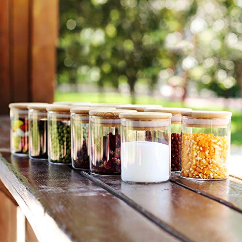 Tzerotone Glass Jars Set,Upgrade Spice Jars with Wood Airtight Lids and Labels, 6oz 12 Piece Small Food Storage Containers for Home Kitchen, Tea, Herbs, Sugar, Salt, Coffee, Flour, Herbs, Grains…