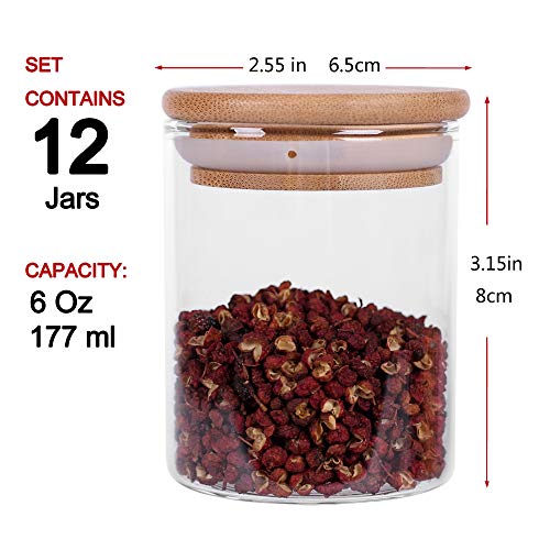 Tzerotone Glass Jars Set,Upgrade Spice Jars with Wood Airtight Lids and Labels, 6oz 12 Piece Small Food Storage Containers for Home Kitchen, Tea, Herbs, Sugar, Salt, Coffee, Flour, Herbs, Grains…