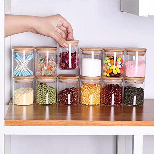 Tzerotone Glass Jars Set,Upgrade Spice Jars with Wood Airtight Lids and Labels, 6oz 12 Piece Small Food Storage Containers for Home Kitchen, Tea, Herbs, Sugar, Salt, Coffee, Flour, Herbs, Grains…