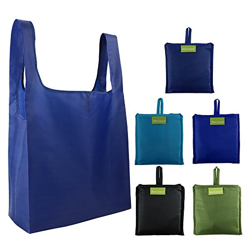 BeeGreen Reusable Grocery Bags 5 Pack, Grocery Tote Folded into Attached Pouch, Ripstop Polyester Shopping Bags, Washable, Durable and Lightweight (Black,Royal,Navy,Teal,Moss)