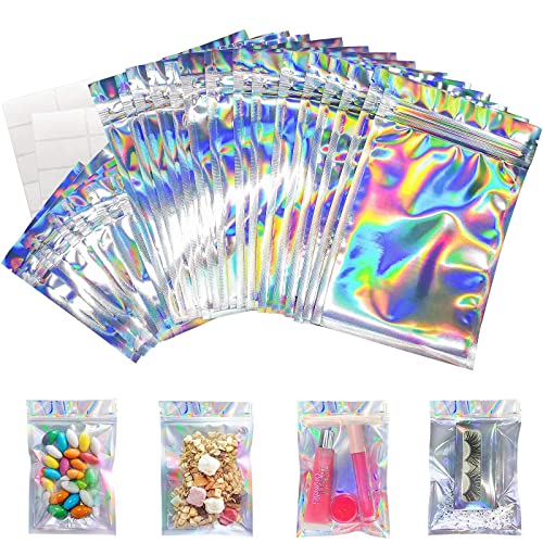 120 Pieces Resealable Holographic Bags 2 Sizes with 20 Labels, Tufusiur Cute Eyelash Packaging Bags for Lip Gloss Lash, Foil Small Ziplock Bags for Small Business, Halloween Christmas Favor (4"X6")