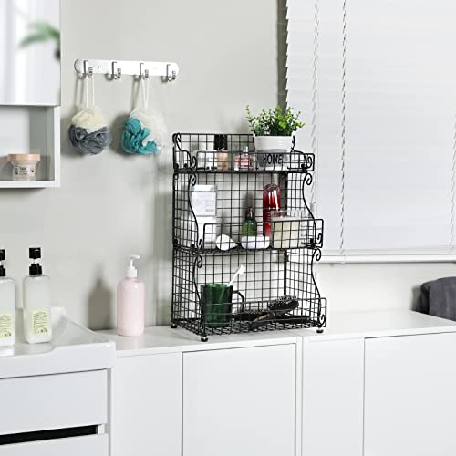 Aibohayi 3-Tier Stackable Food Packet Organizer Bins for Pantry Storage,Countertop & Wall Mounted Metal Wire Basket Coffee Snack Fruit Rack Holder for Office Kitchen Bathroom