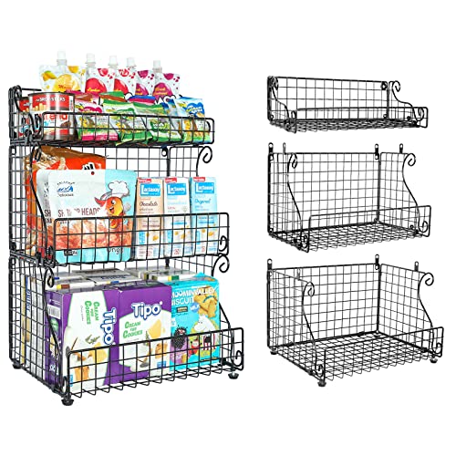 Aibohayi 3-Tier Stackable Food Packet Organizer Bins for Pantry Storage,Countertop & Wall Mounted Metal Wire Basket Coffee Snack Fruit Rack Holder for Office Kitchen Bathroom