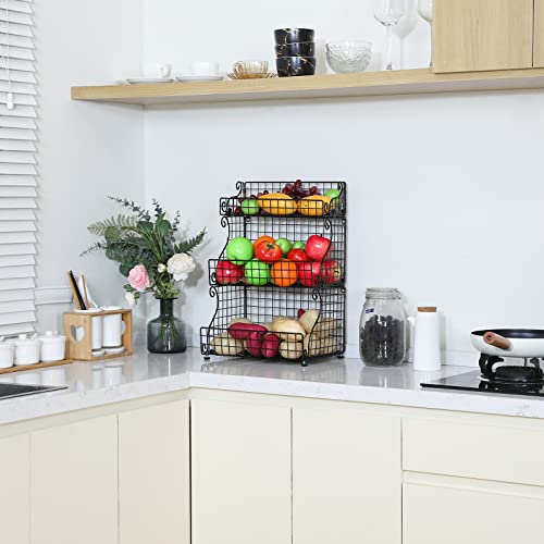 Aibohayi 3-Tier Stackable Food Packet Organizer Bins for Pantry Storage,Countertop & Wall Mounted Metal Wire Basket Coffee Snack Fruit Rack Holder for Office Kitchen Bathroom
