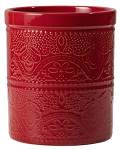 fun elements kitchen utensil holder, 7.2″ super large utensil crock heavy and stable lace emboss ceramic utensil holder for kitchen counter (christmas red)