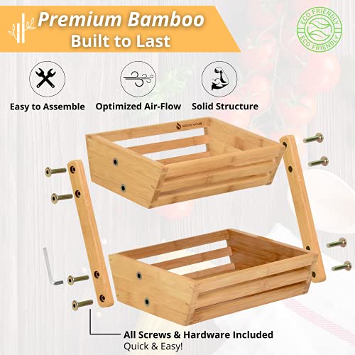 Golden Nature Bamboo Fruit Basket - 2 Tier Fruit Basket, Fruit Baskets For Kitchen Counter, Fruit Bowl, Fruit Stand, Banana Holder - Fruit Holder for Potato Storage, Onion Storage, Fruit & Veg Storage