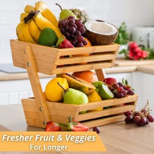 Golden Nature Bamboo Fruit Basket - 2 Tier Fruit Basket, Fruit Baskets For Kitchen Counter, Fruit Bowl, Fruit Stand, Banana Holder - Fruit Holder for Potato Storage, Onion Storage, Fruit & Veg Storage