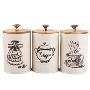youeon canister sets for kitchen counter, metal vintage kitchen canisters set of 3, coffee sugar tea canister set, food storage canister with bamboo lid, farmhouse kitchen decor, beige