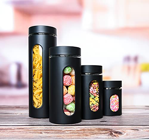 Quality Modern Black Stainless Steel Canister Set for Kitchen Counter with Glass Window & Airtight Lid - Food Storage Containers with Lids Airtight - Pantry Storage and Organization Set