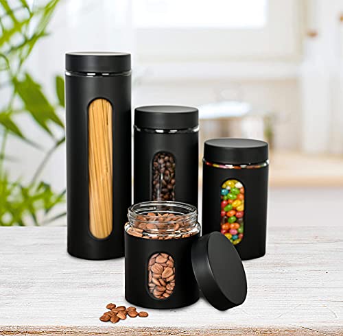 Quality Modern Black Stainless Steel Canister Set for Kitchen Counter with Glass Window & Airtight Lid - Food Storage Containers with Lids Airtight - Pantry Storage and Organization Set