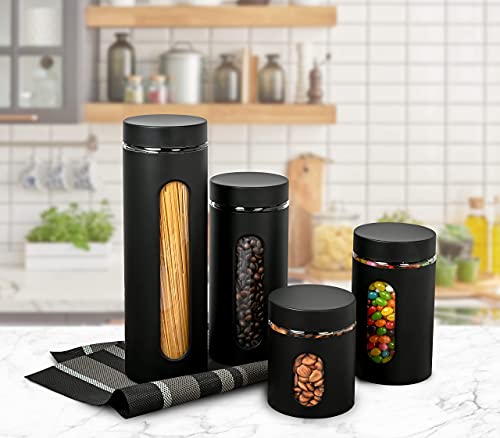 Quality Modern Black Stainless Steel Canister Set for Kitchen Counter with Glass Window & Airtight Lid - Food Storage Containers with Lids Airtight - Pantry Storage and Organization Set