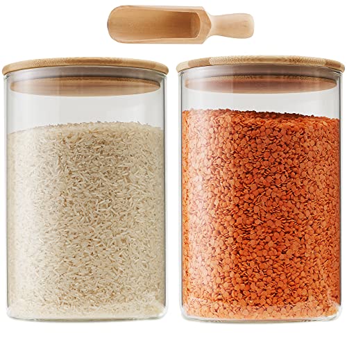 Stylvio Glass Jars with Airtight Bamboo Lids 2 Pcs 100 OZ, Flour and Sugar Containers with Wooden Scoop and Pre-printed Labels, Glass Canister with Lids for Coffee