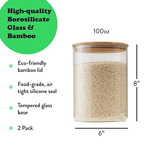 Stylvio Glass Jars with Airtight Bamboo Lids 2 Pcs 100 OZ, Flour and Sugar Containers with Wooden Scoop and Pre-printed Labels, Glass Canister with Lids for Coffee