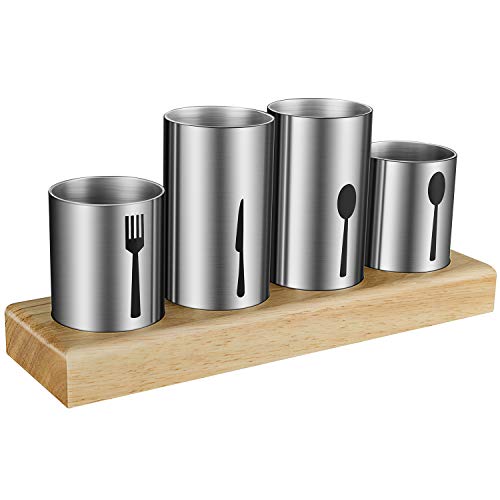 Silverware Holder,HBlife Utensil Holder with Caddy Silverware Container for Spoons ,Knives ,Forks Silverware Display Organizer Kitchen Dinner Table,Stainless Steel with Bamboo Wood Base