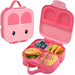 portable bento boxes – plastic pink lunch box daycare for kids, bento snack box for toddlers silicone bento box travel snack containers for school, 4 compartments meal prep food container kids (pink)