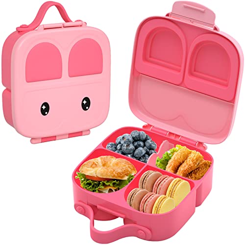 Portable Bento Boxes - Plastic Pink Lunch Box Daycare for Kids, Bento Snack Box for Toddlers Silicone Bento Box Travel Snack Containers for School, 4 Compartments Meal Prep Food Container kids (Pink)